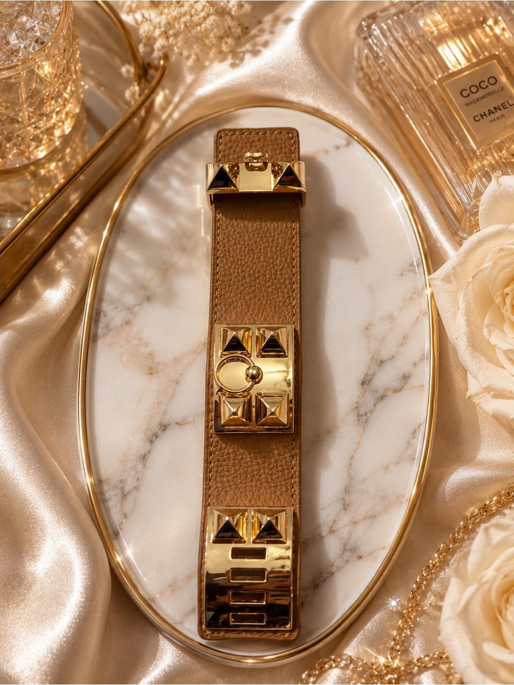 Camel Leather Cuff Bracelet with Gold Stud Hardware | Designer-Inspired Cuff